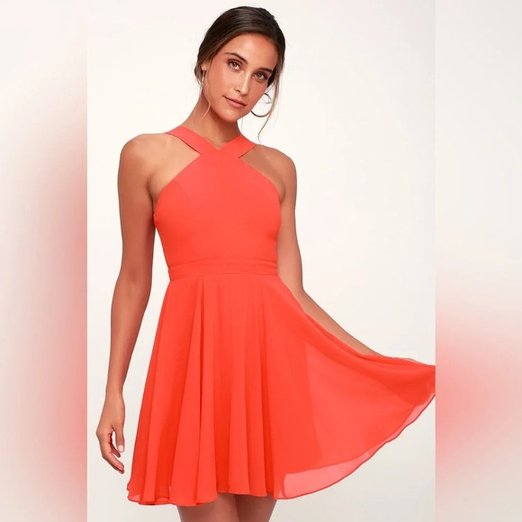 Lulus Forevermore Coral Skater Dress - Picture 1 of 7